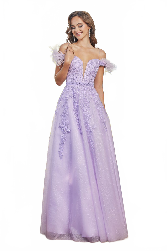 Adora Design 3143 Off Shoulder Glitter Applique A Line Prom Dress
