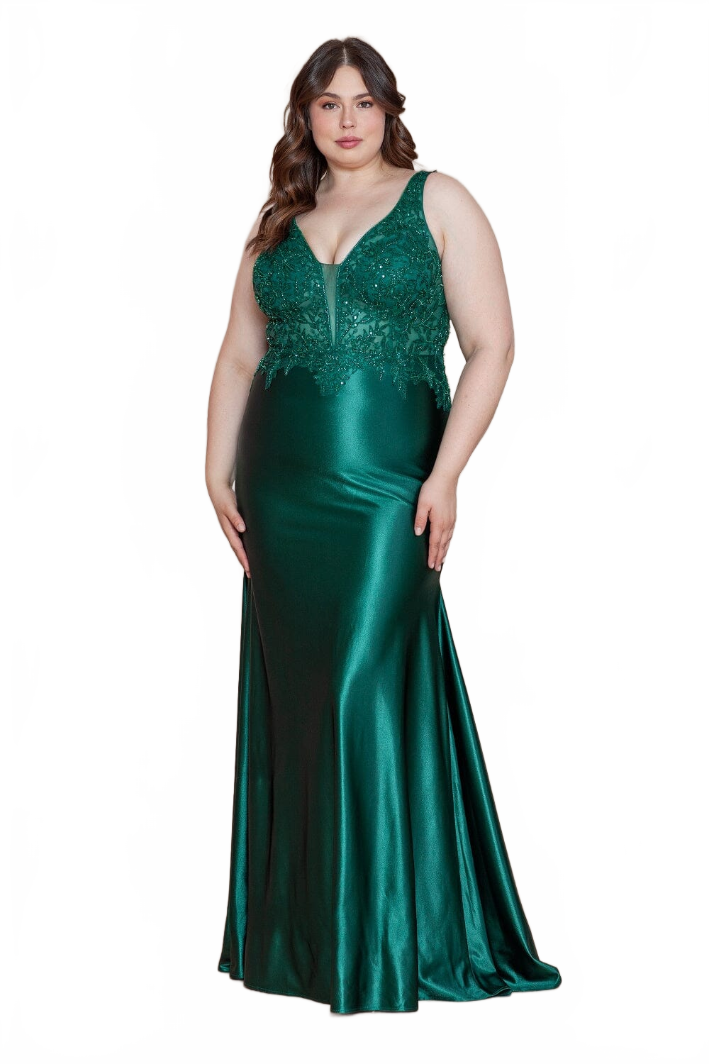 Poly USA W1160 Plus Size Fitted Embroidered V-Neck Gown
