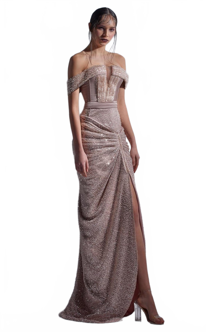 Gaby Charbachy G1290 Short Sleeve Glitter Column Gown by MNM Couture
