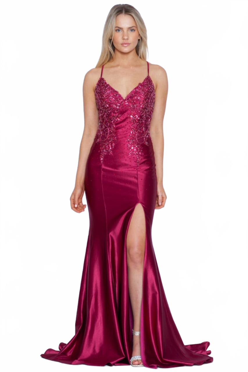 Poly USA 9142 Sleeveless Deep V-Neck Rhinestone Beaded Formal Gown
