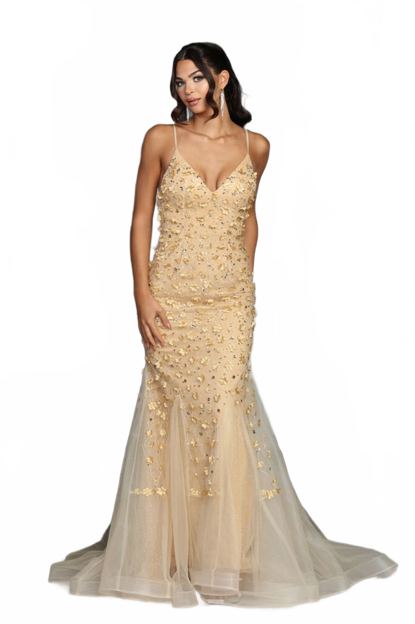 Royal Queen RQ8089 V-Neck 3D Floral Beaded Red Carpet Dress