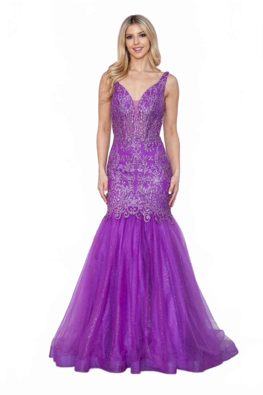 Poly USA 9388 Sleeveless Glitter Mermaid V-Neck Prom Gown