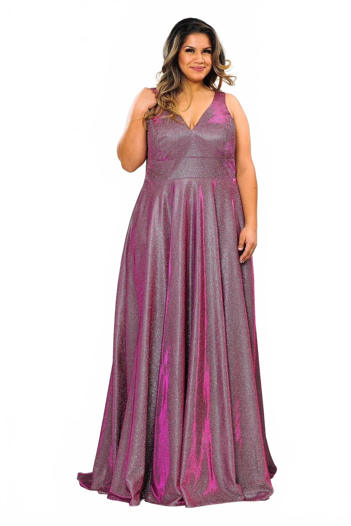 Poly USA W1036 Plus Size Long Metallic Glitter V-Neck Dress