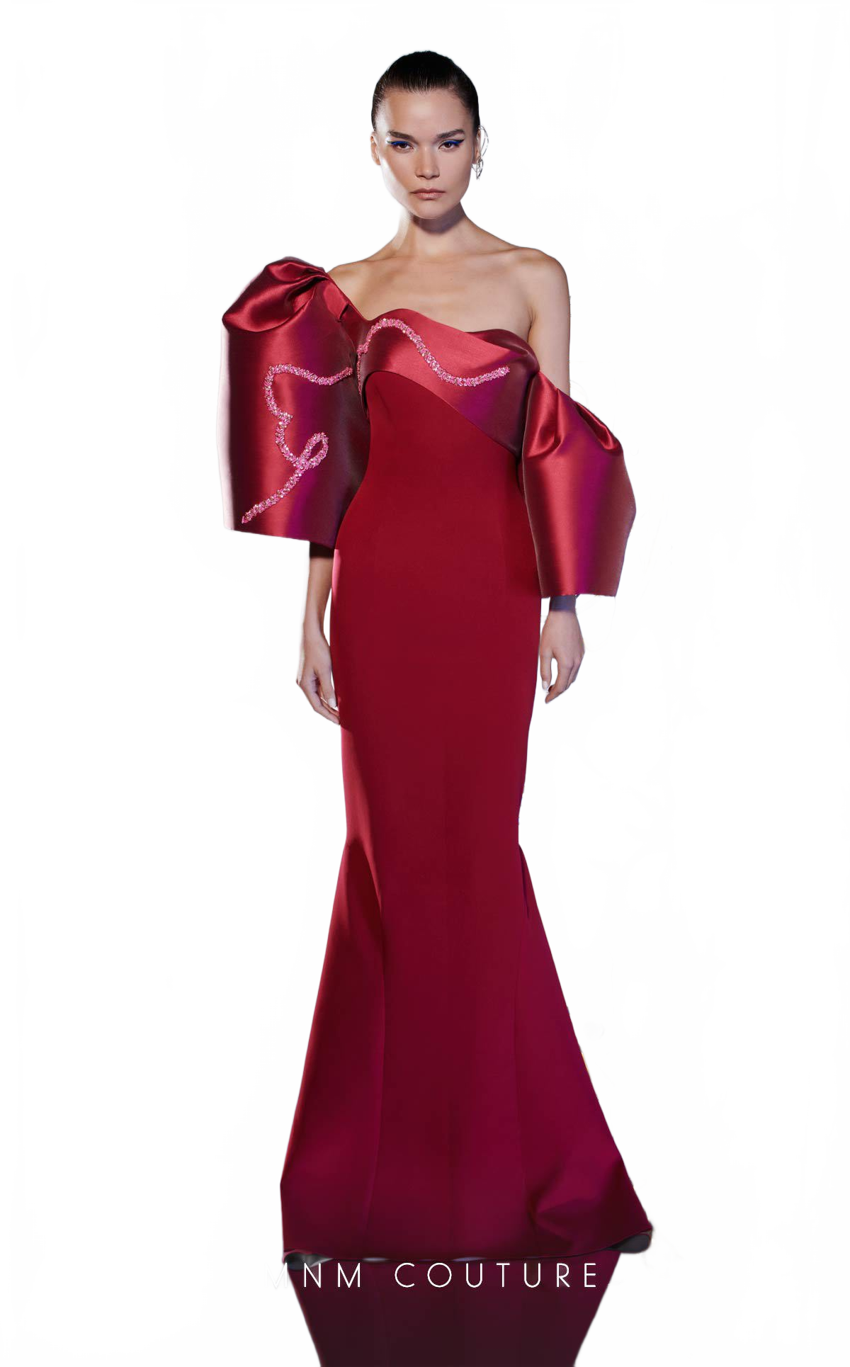 MNM Couture E0030 Strapless Blue Gown with Sculpted Sleeve