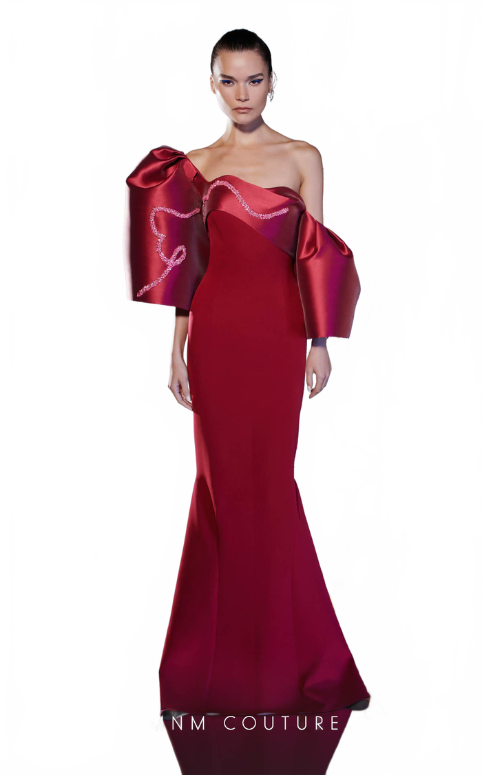 MNM Couture E0030 Strapless Blue Gown with Sculpted Sleeve