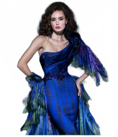 Fouad Sarkis 2783 One-Shoulder Gown with Feather-Inspired Detailing