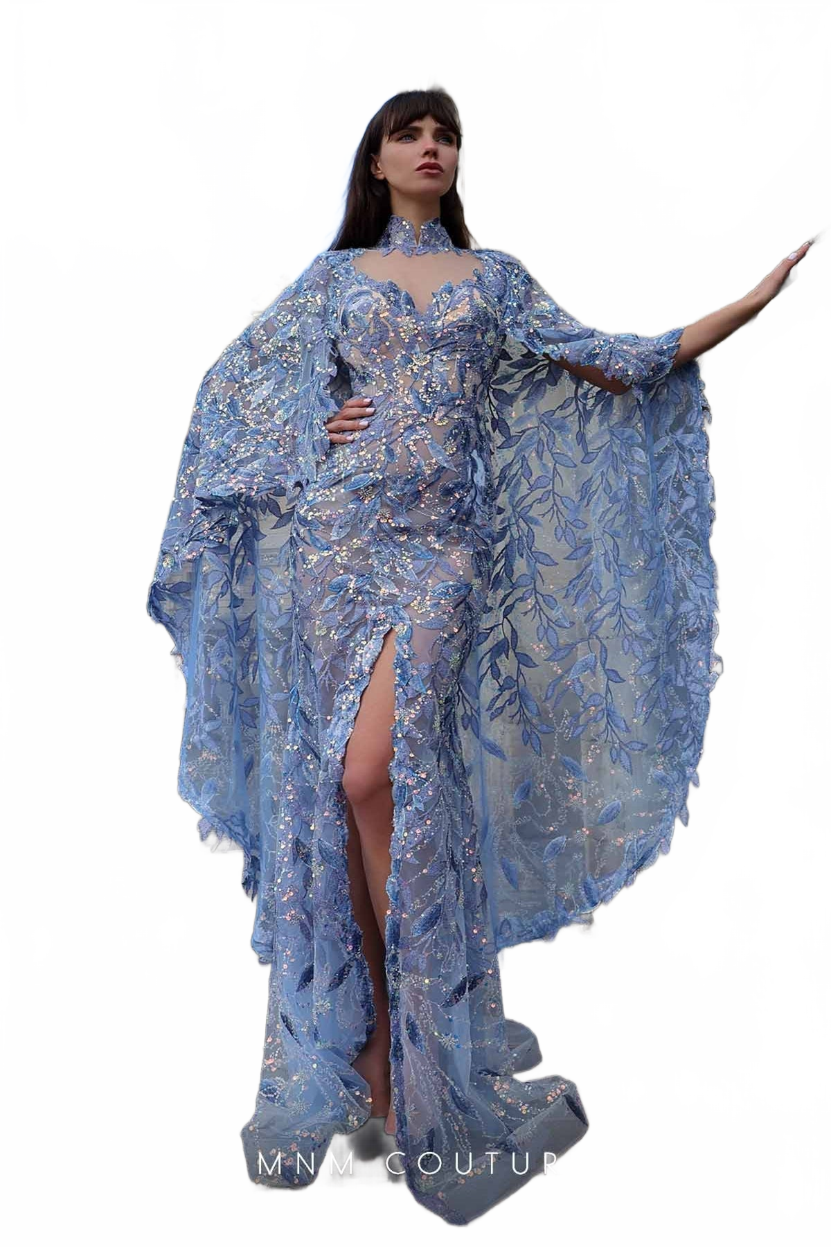 MNM Couture K4012 Blue Sheer Embellished Gown with Cape Sleeves