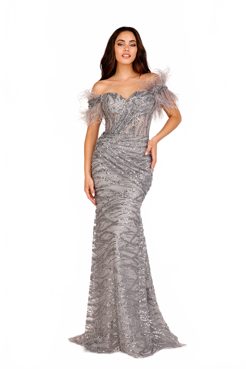 Feather Off Shoulder Mermaid Dress by Lucci Lu C8040