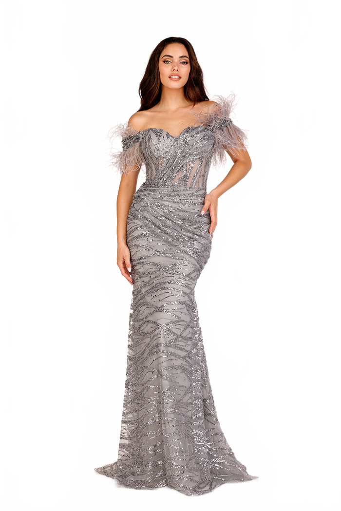 Feather Off Shoulder Mermaid Dress by Lucci Lu C8040