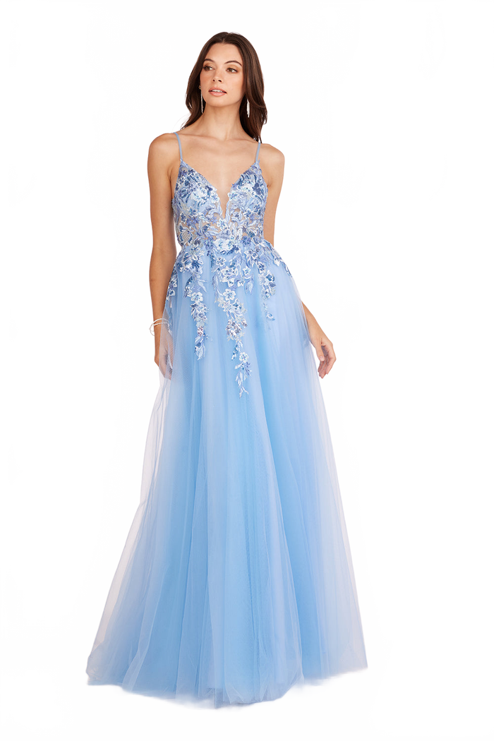Abby Paris 90226 Floral Applique Beaded V-Neck A-Line Gown