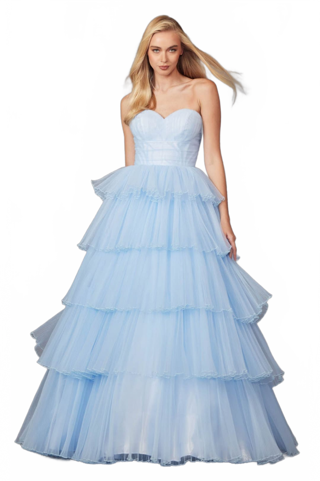 Strapless Tiered Ruffled A-Line Gown by Juliet JT2452K