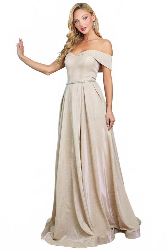 Adora Design 3100 Off Shoulder Metallic A-Line Prom Formal Dress