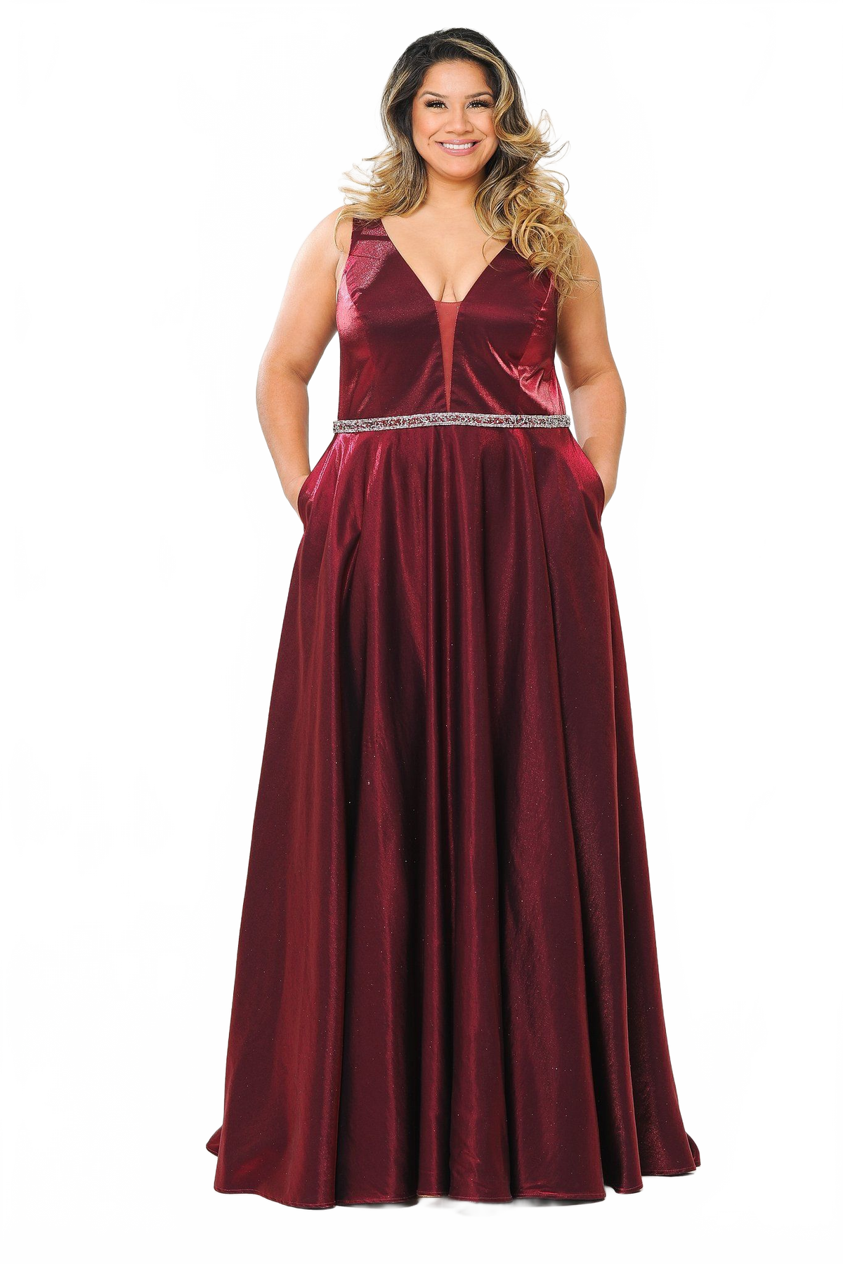 Poly USA W1062 Plus Size Long Satin Deep V-Neck Dress