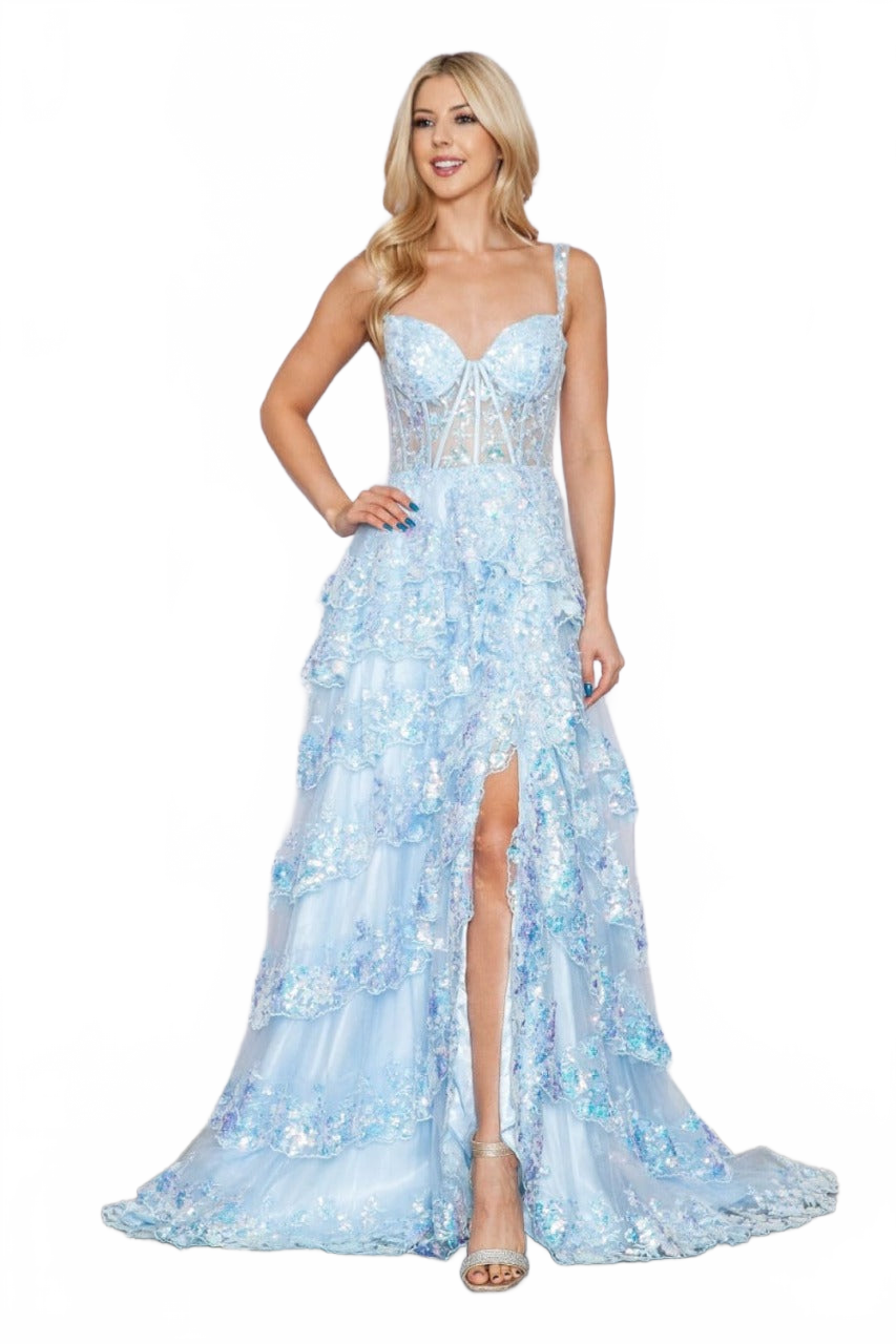 Poly USA 9410 Corset Floral Lace Embroidered Ruffle Prom Gown