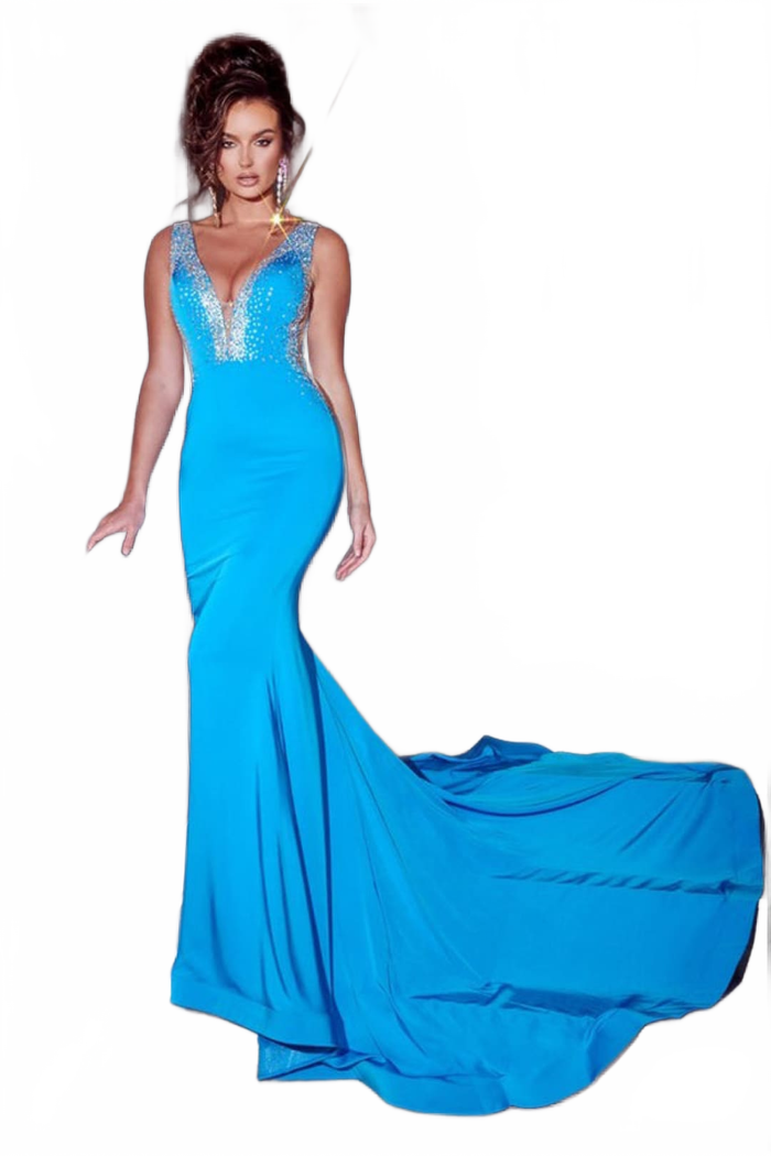 Portia and Scarlett PS23291 V-neck Mermaid Long Blue Pageant Prom Gown