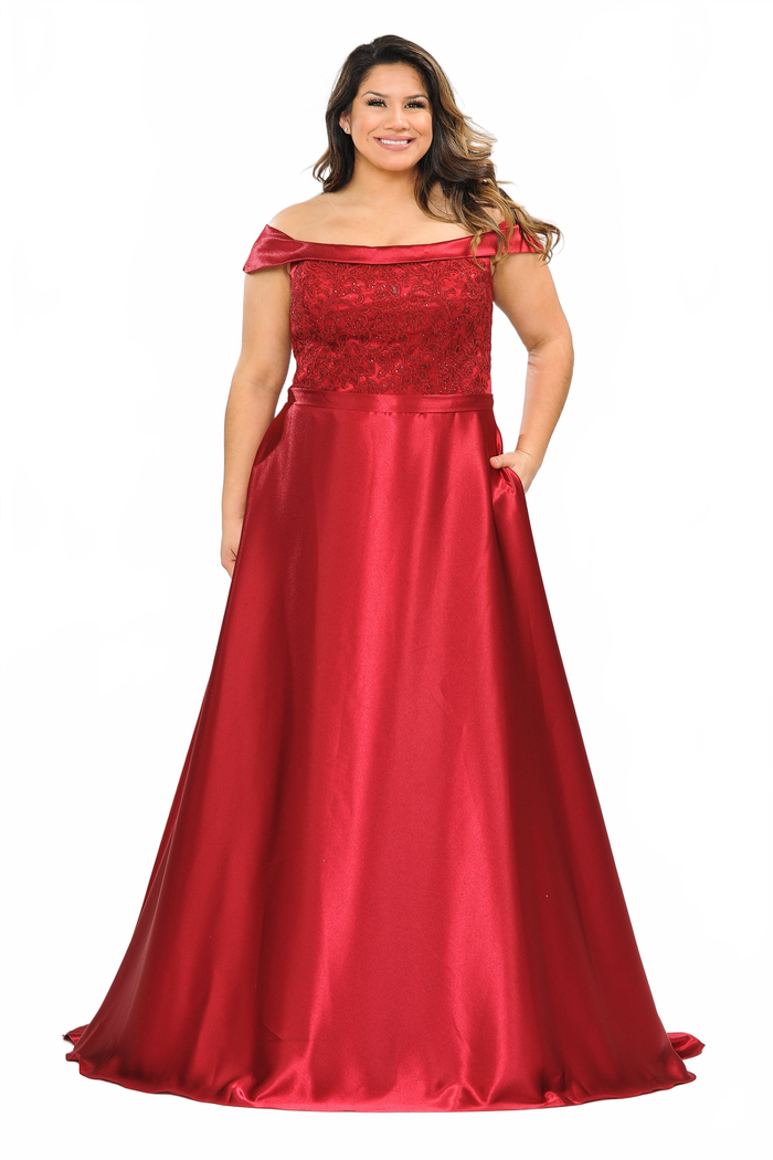 Poly USA W1064 Plus Size Embroidered Long Off Shoulder Dress