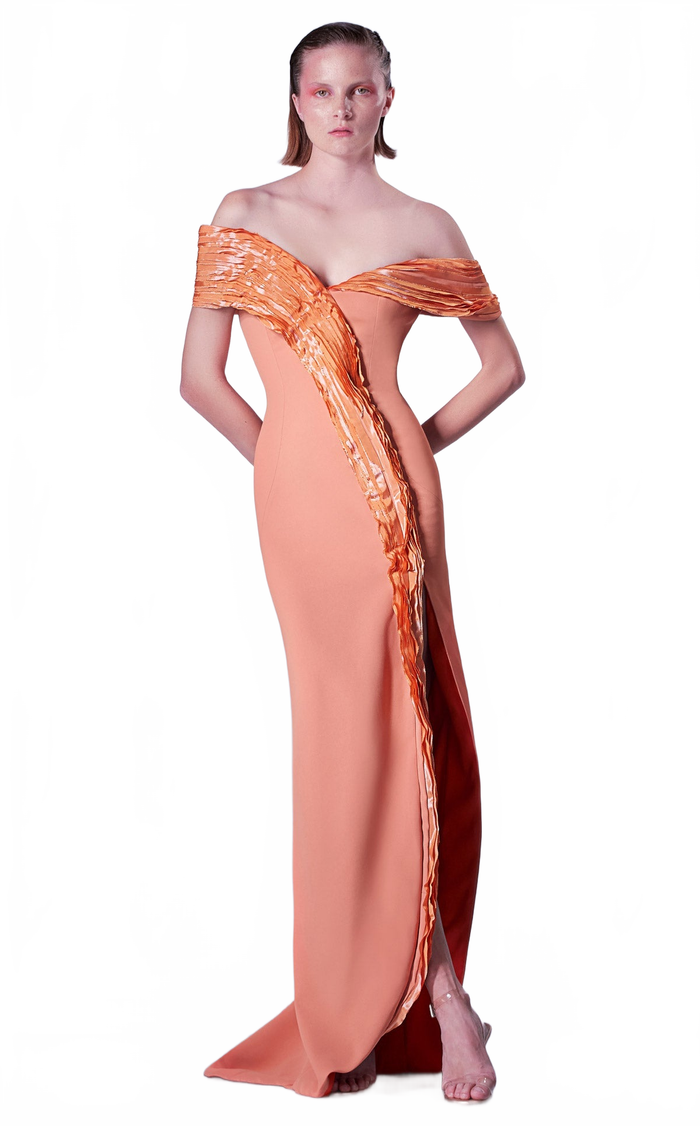 Gaby Charbachy Orange Off-Shoulder Ruffled Gown by MNM Couture