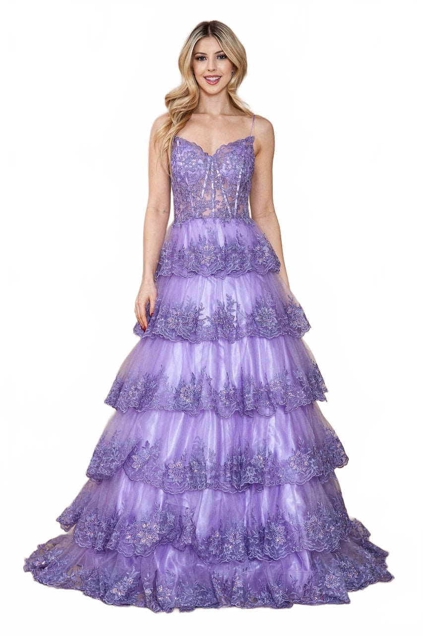 Poly USA 9402 Sleeveless Sheer Bodice Layered Embellished Evening Gown