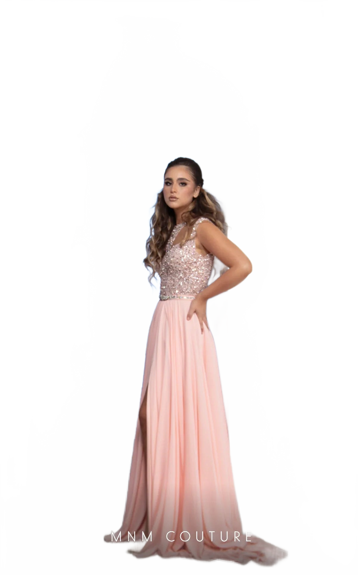 MNM Couture M0088 Peach High-Neck Chiffon Evening Gown