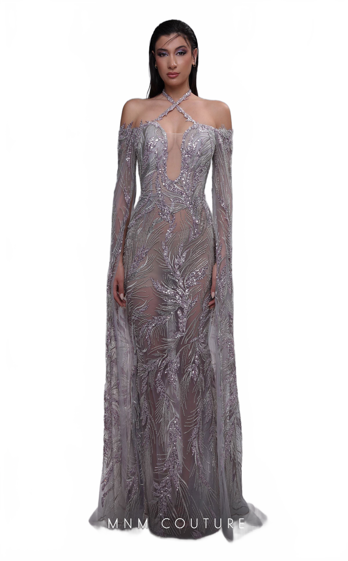 MNM Couture K4090 Grey Plunging Beaded Gown