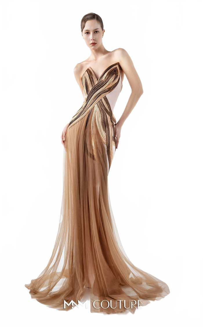 Gaby Charbachy G2038 Off-Shoulder Bronze Couture Gown by MNM Couture
