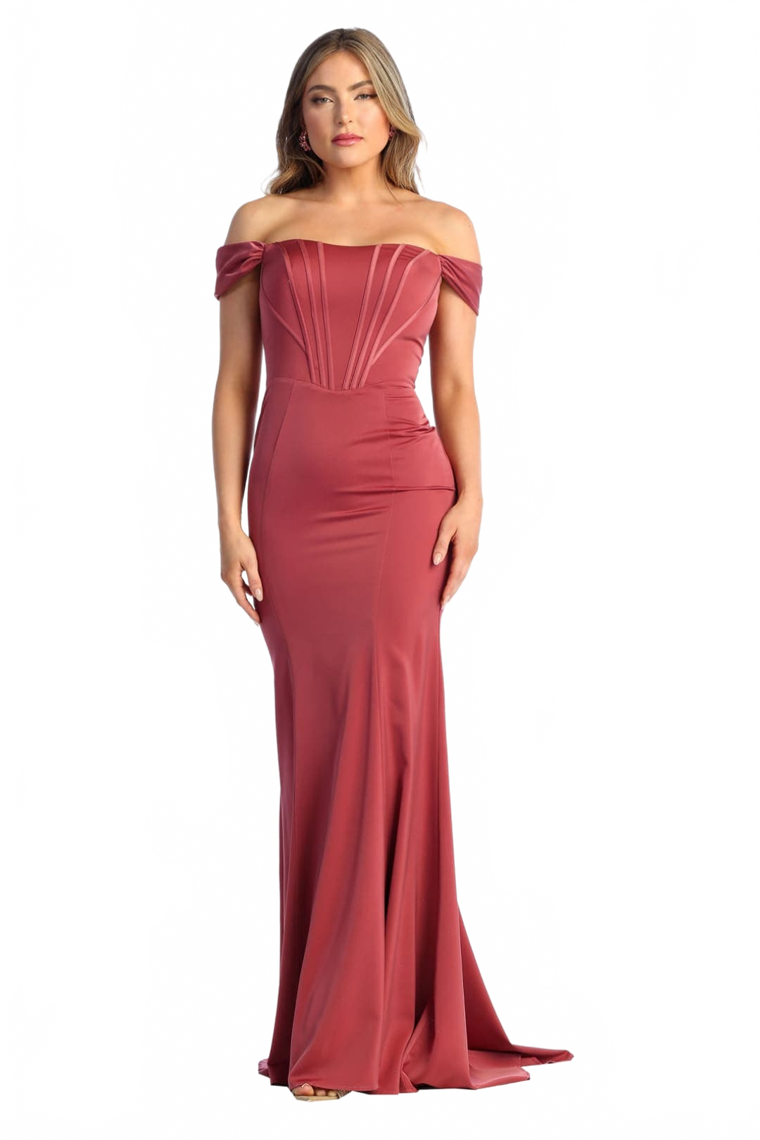 Off-Shoulder Corset Bodice Sheath Dress Long Evening Gown with Sweep Train by May Queen MQ1909