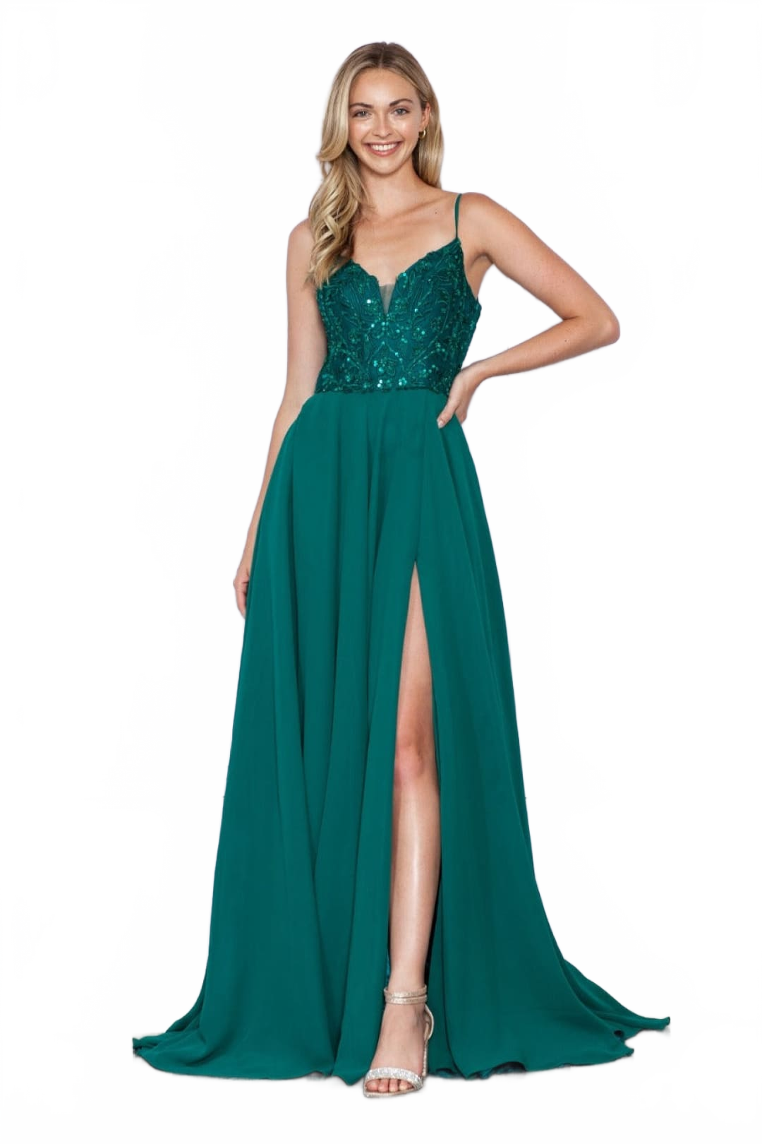 Poly USA 9368 Sleeveless Embroidered V- Neck Side Slit Formal Dress