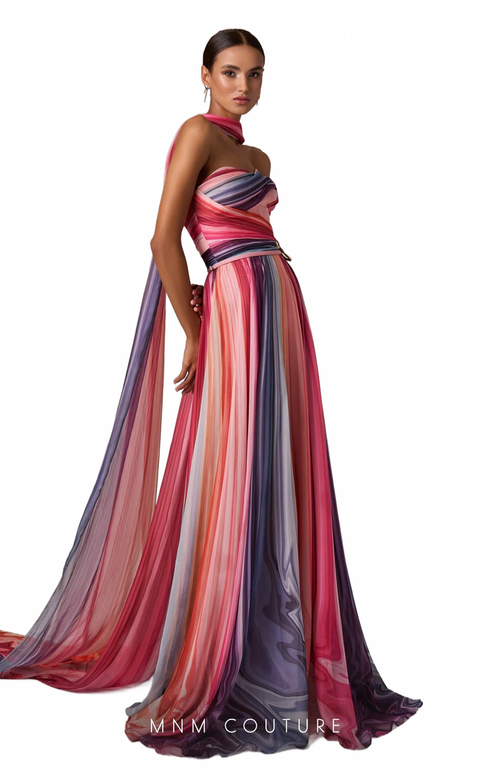 MNM Couture E0080 Off-Shoulder Multicolor Evening Gown with Scarf
