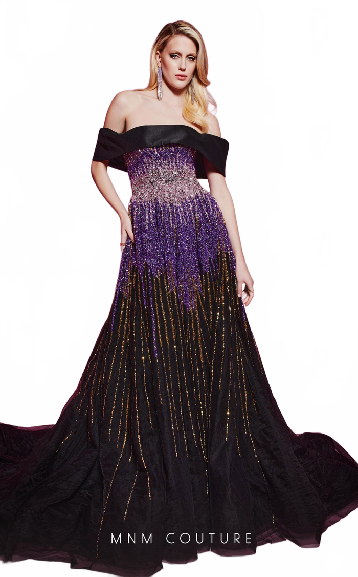 MNM Couture B1009 Sequin Off-Shoulder Evening Gown in Purple