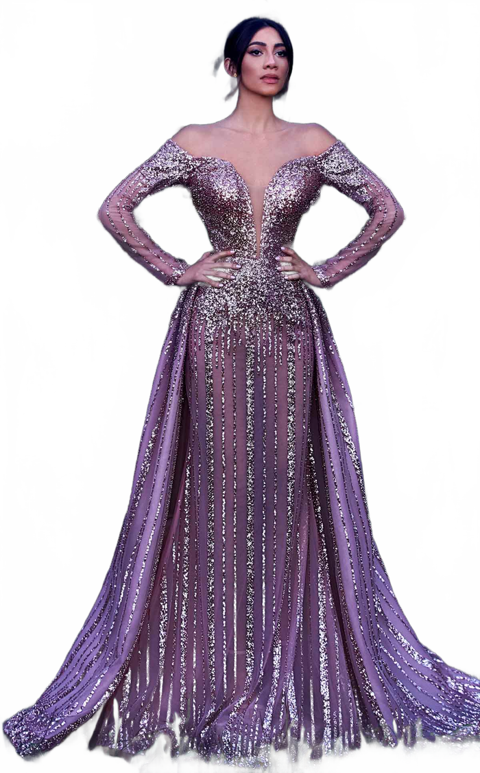 MNM Couture K3913 Pink Sequined Evening Gown with Sheer Sleeves