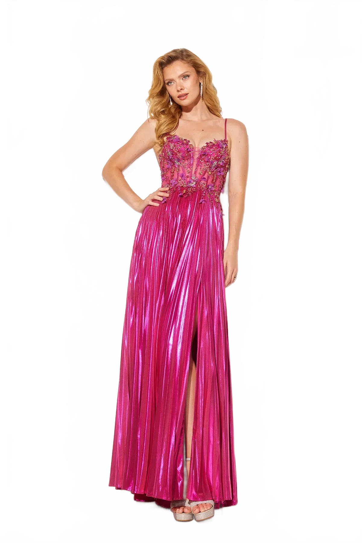 3D Floral Metallic A-line Slit Gown by Lucci Lu 1371