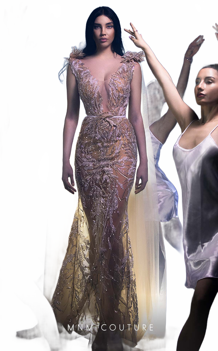 MNM Couture K3961 Embellished Illusion Cape Gown—Beige