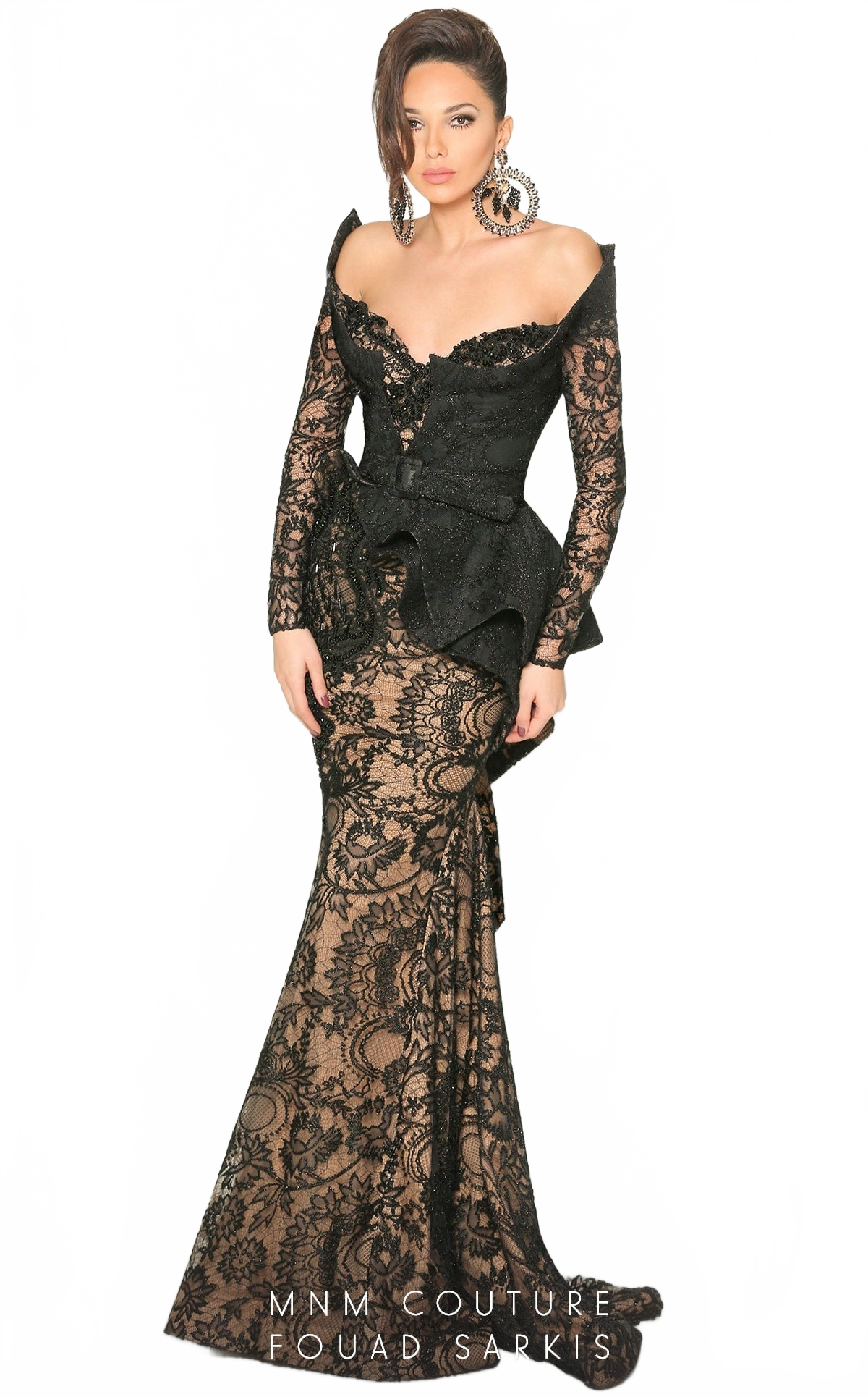 Fouad Sarkis 2524 Black Lace Peplum Mermaid Evening Gown by MNM Couture