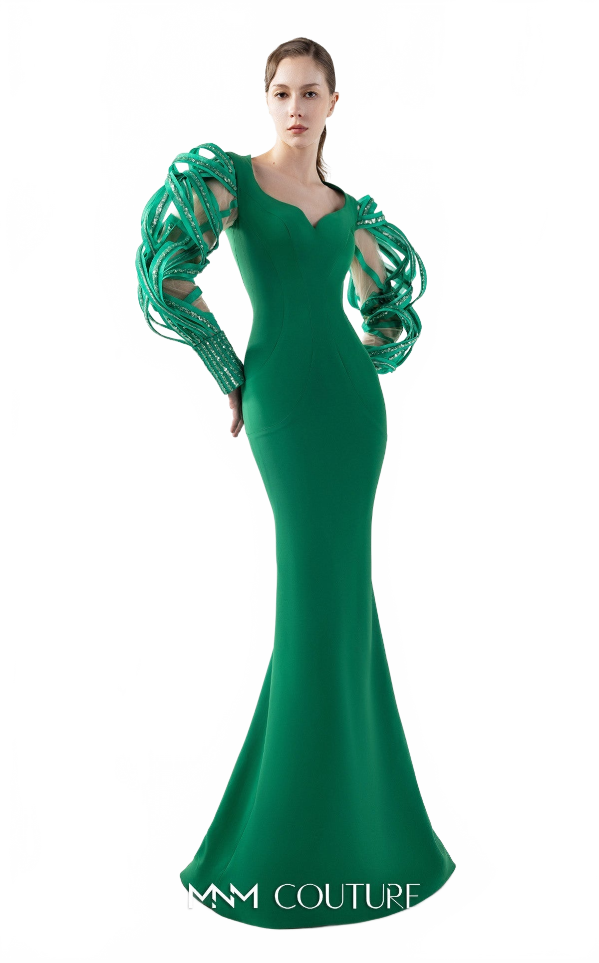 Gaby Charbachy G2017 Green V-Neck Sleeved Couture Gown by MNM Couture