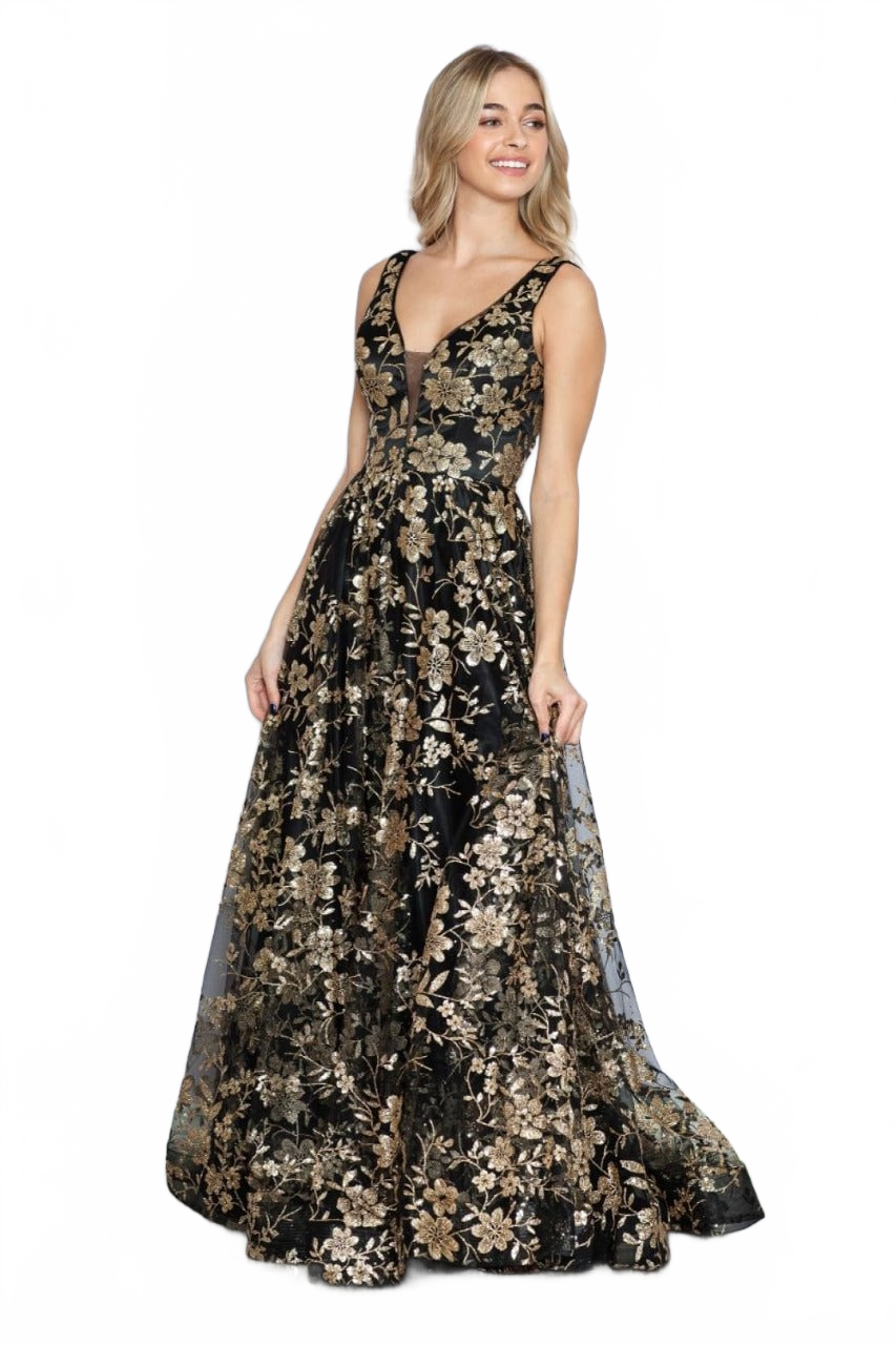Poly USA 9298 Sleeveless Floral Glitter Print A-Line Evening Prom Gown
