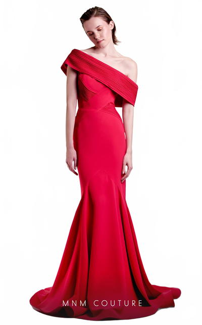 Gaby Charbachy G1430 Off-Shoulder Pleated Mermaid Evening Gown in Fuchsia by MNM Couture
