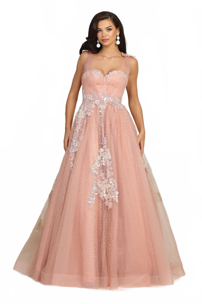Royal Queen RQ8080 Corset Rose Gold Floral Pattern A-line Pageant Dress