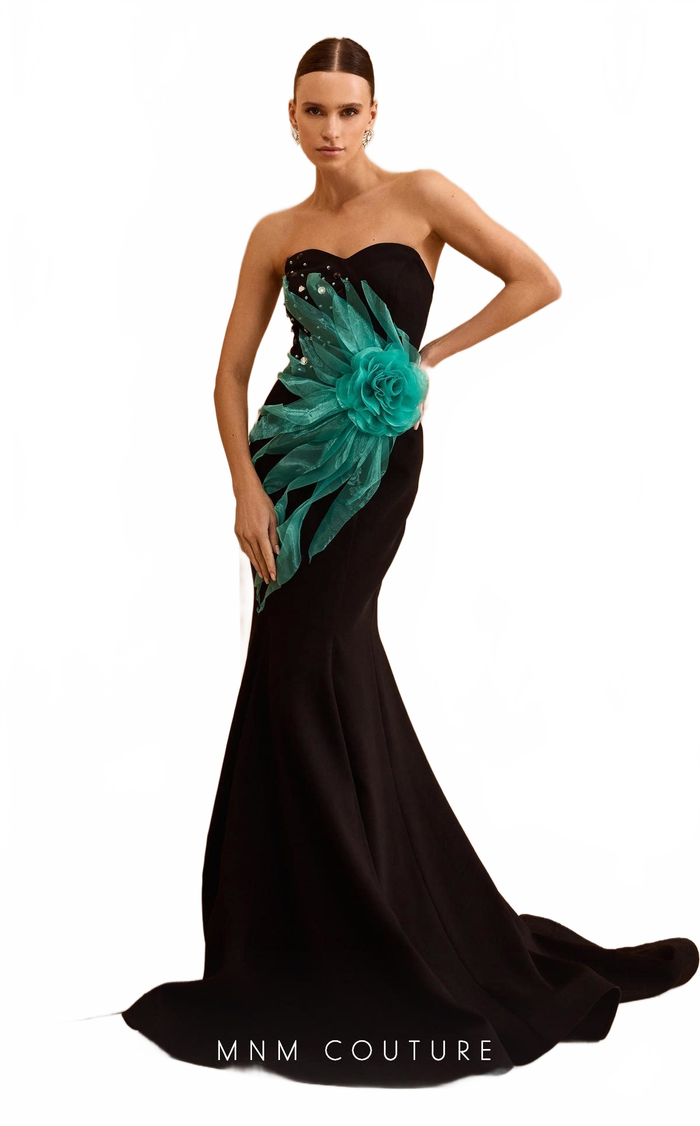 MNM Couture V07399 Strapless Gown in Black-Aqua with Dramatic Floral Detail