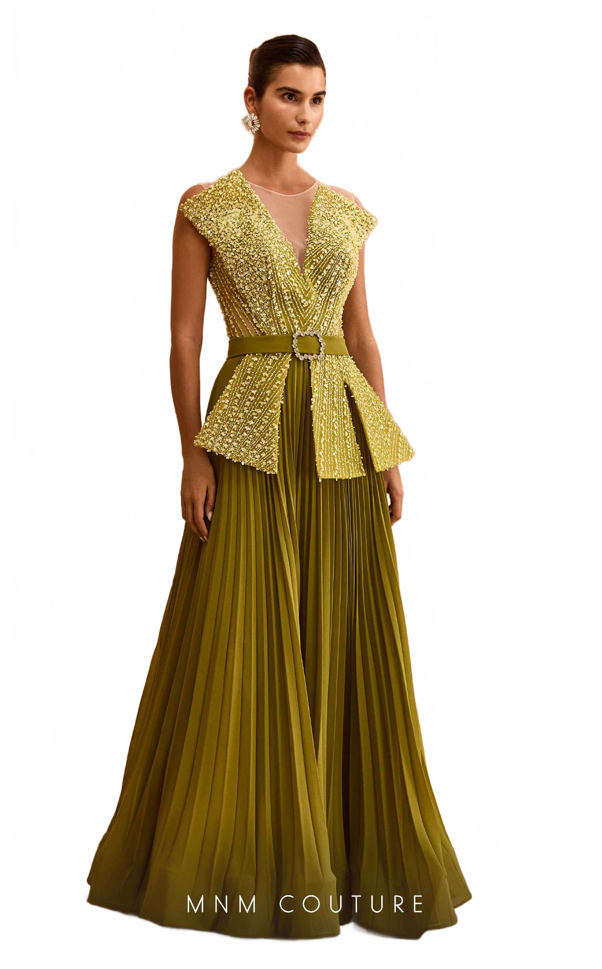 MNM Couture V07014 Green Beaded Peplum Gown with Pleated Skirt