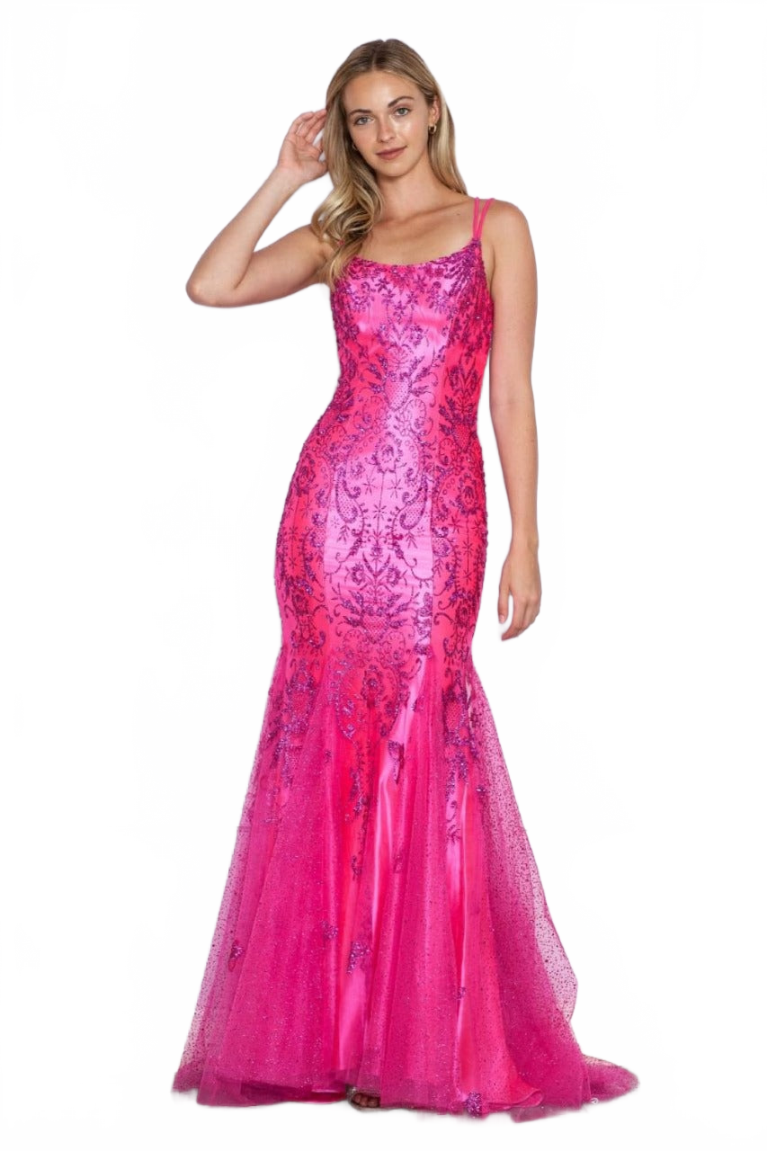 Poly USA 9306 Double Spaghetti Strap Glitter Print Mermaid Prom Gown