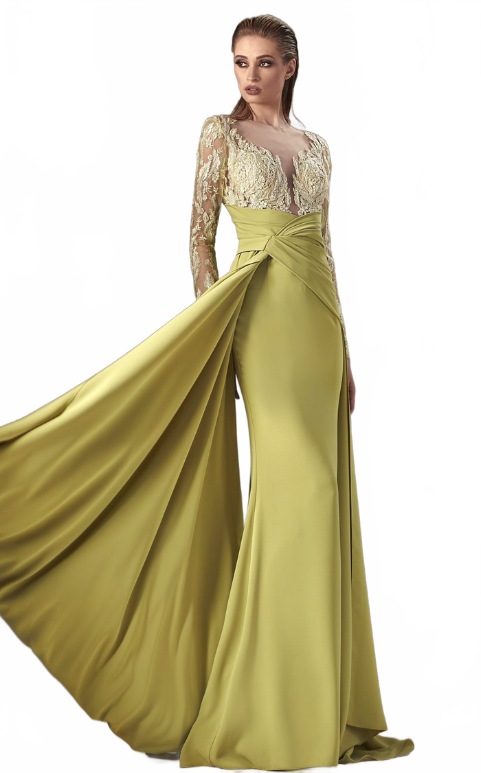 MNM Couture K3893 Blush Long Sleeve Draped Sheath Gown
