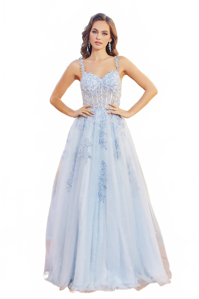 Adora 3087 A-Line Lace Applique Corset Long Formal Prom Dress