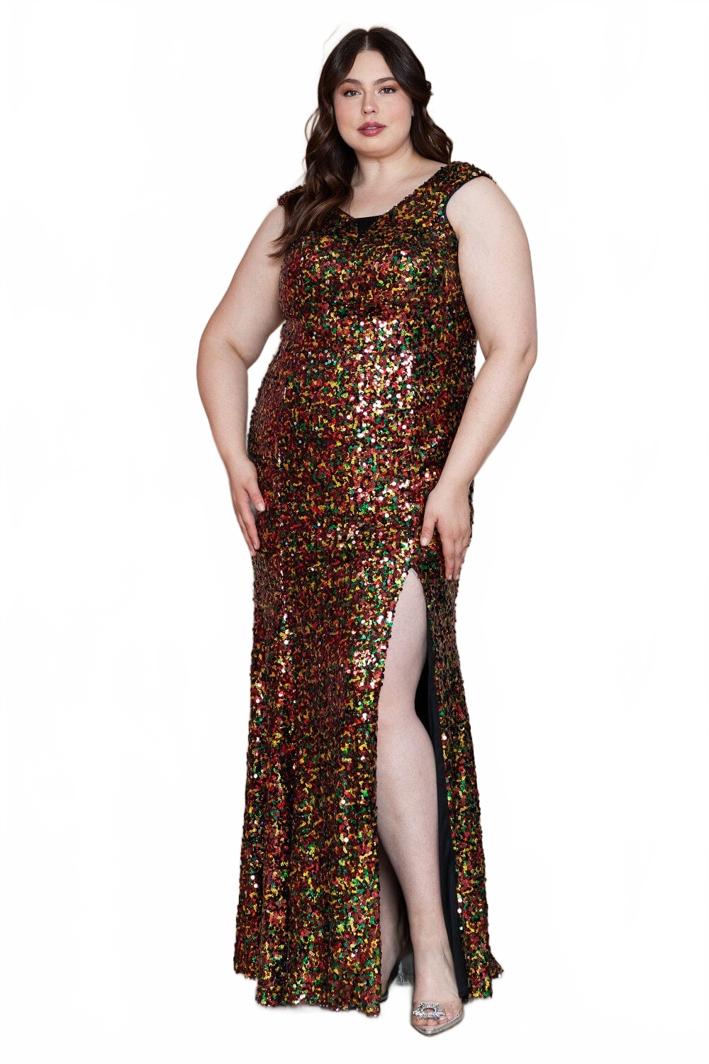 Poly USA W1124 Plus Size Fitted Multicolor Sequin Gown