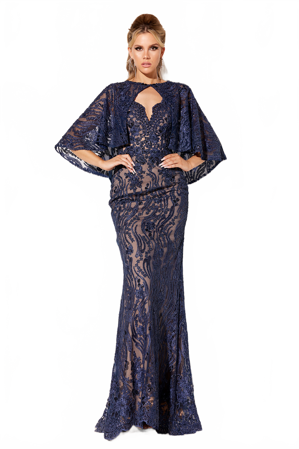 Lace Fitted 2-Piece Cape Gown by Lucci Lu C8086