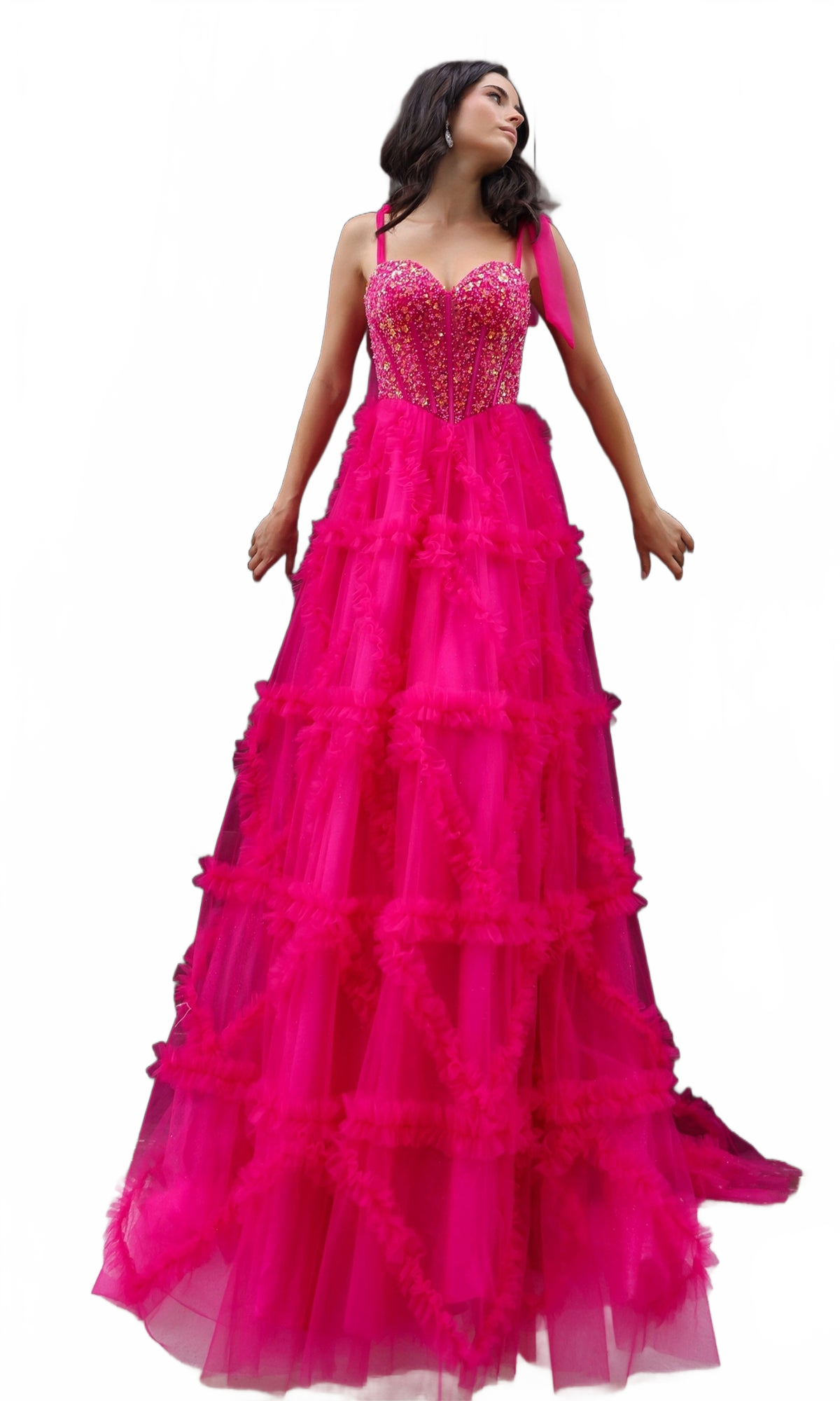 Nox Anabel T1340 Shoulder-Bows Long Ruffled Prom Gown