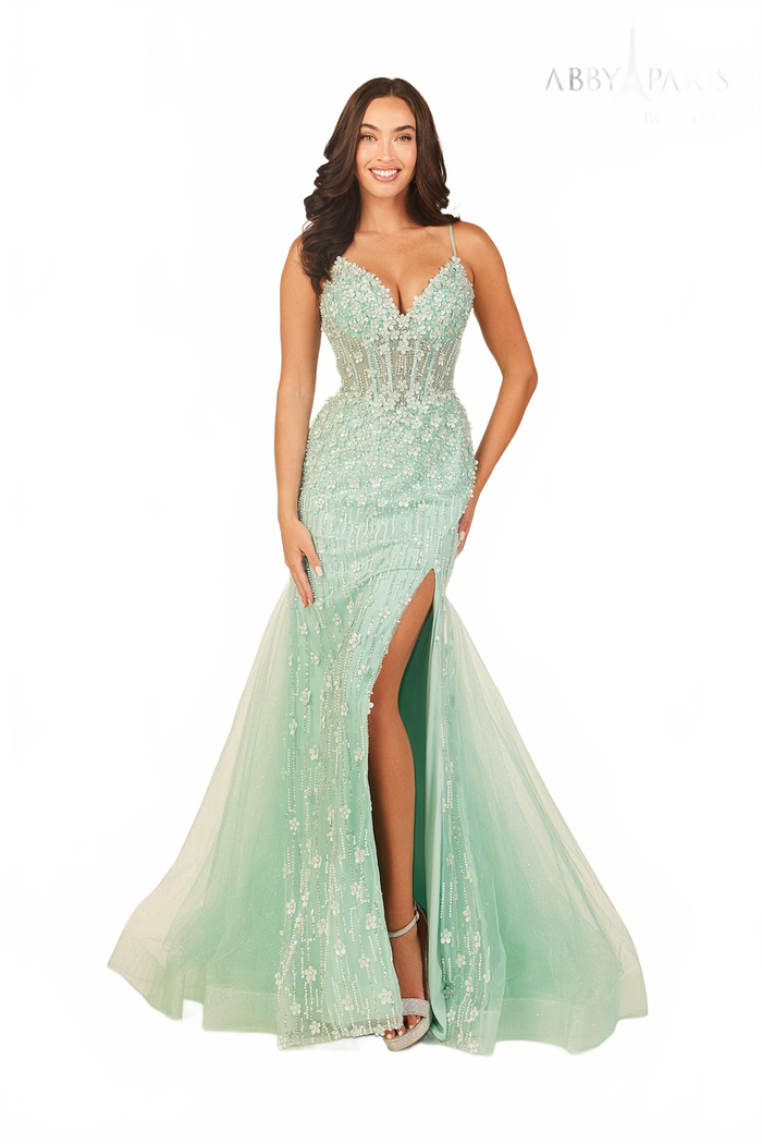 Abby Paris 90334 Beaded Fitted V-Neck Slit Evening Gown