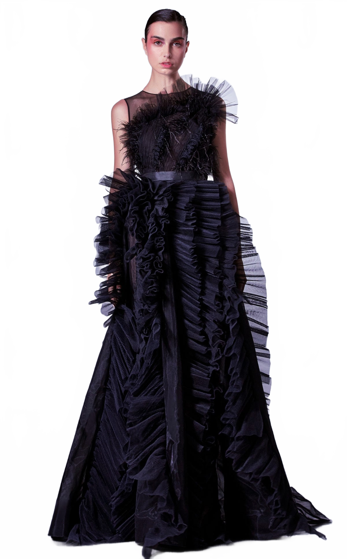 MNM Couture Gaby Charbachy G1305 Black Tulle A-Line Evening Gown
