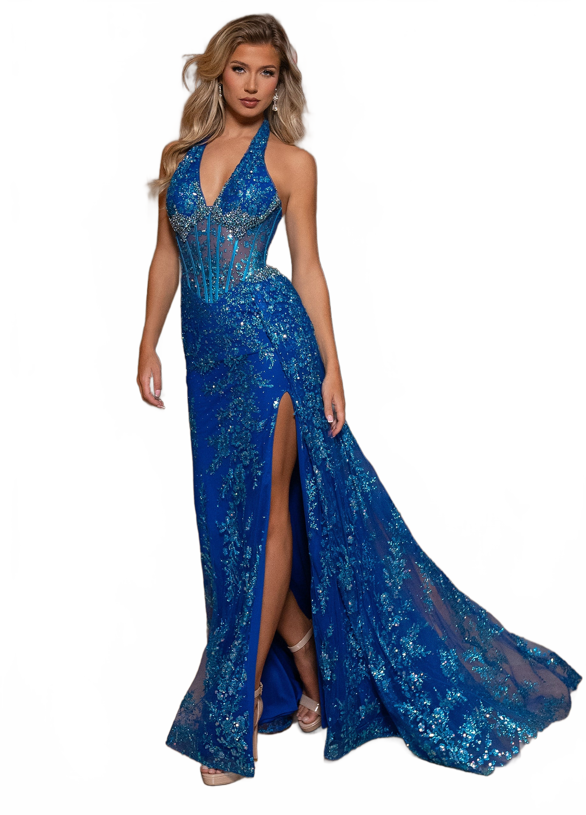 Rachel Allan 70746 Glitter Print Fitted Halter Slit Gown
