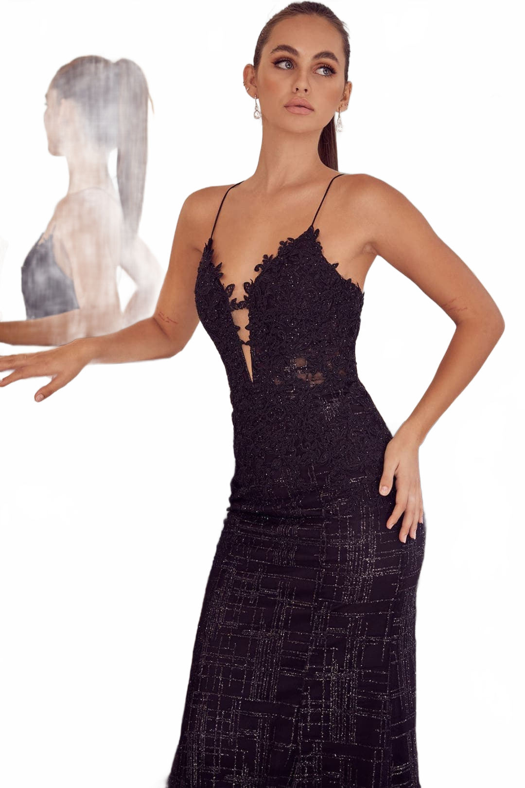 Nox Anabel R282-1 Strappy Glitter Deep V-Neck Mermaid Prom Evening Gown