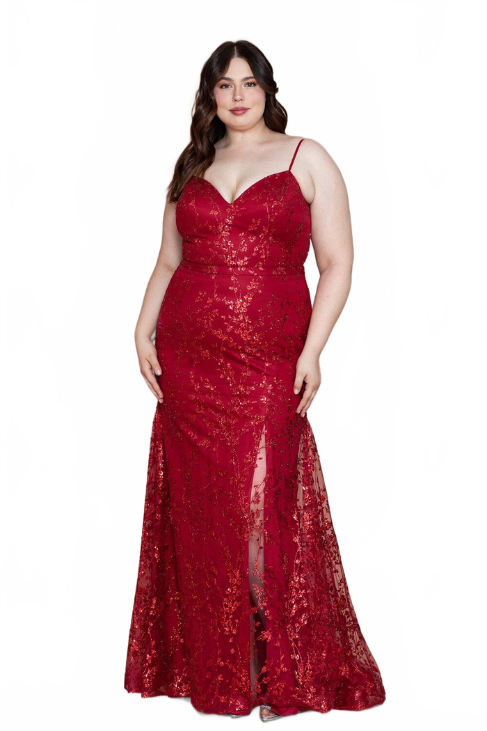 Poly USA W1154 Plus Size Glitter Print Sleeveless Slit Gown